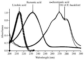 Image for - Study of Bioconversion of Conjugated Linolenic Acid (CLNA) of Ricinodendron  heudelotii (Bail.) Seed in Male Rats into Conjugated Linoleic Acid (CLA)  Using UV-Vis Spectrometry and Gas Chromatography