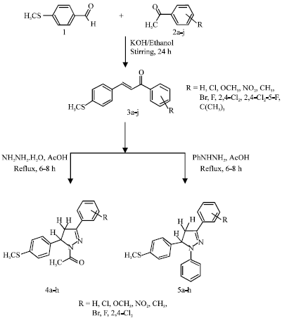 Image for - Convenient Synthesis of Some 3, 5-Arylated-2-Pyrazolines Carrying 4-Methylthiophenyl Moiety and Evaluation of Their Antimicrobial Activity