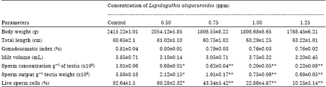 Image for - Effect of Sublethal Concentrations of Lepidagathis alopecuroides (Vahl) on Sperm Quality, Fertility and Hatchability in Gravid Clarias gariepinus (Burchell, 1822) Broodstock