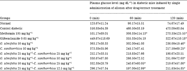 Image for - Antidiabetic Activity of Aqueous Leaf Extracts of Guazuma ulmifolia
Lamk., Ethanolic Extracts of Curcuma xanthorrhiza and their Combinations
in Alloxan-induced Diabetic Mice