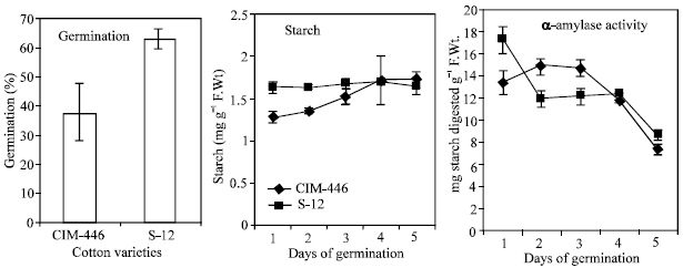 Image for - Comparative Biochemical Changes in Resistant and Susceptible Cotton Cultivars to Leaf Curl Virus at Germination and Early Seedling Stage: α-amylase, Starch, Total Soluble Sugars in Seed, Radicle and Plumule