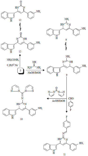 Image for - SARS-CoV 3C-Like Protease Inhibitors of some Newly Synthesized Substituted Pyrazoles and Substituted Pyrimidines Based on 1-(3-Aminophenyl)-3-(1H-indol-3-yl)prop-2-en-1-one