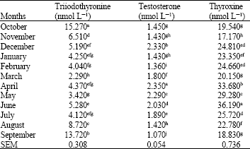 Image for - Monthly Variation of Plasma Concentrations of Testosterone and Thyroid Hormones and Reproductive Characteristics in Three Breeds of Iranian Fat-Tailed Rams Throughout One Year