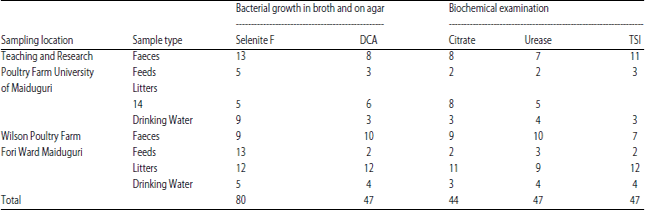 Image for - Occurrence of Salmonella and their Antimicrobial Susceptibility Pattern Associated with Poultry Accessories in Maiduguri, Nigeria